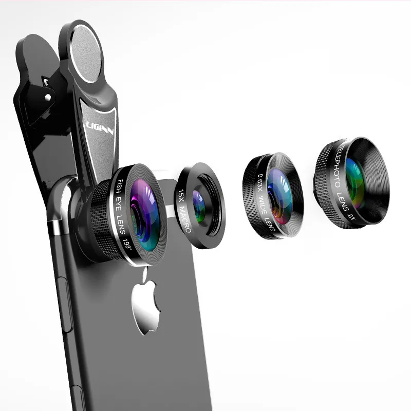 LIGINN 4 в 1 линза для телефона 0.63X Широкий формат макро объектива Рыбий глаз телефото зум-объектив для samsung S8 S9 плюс телефон Камера объектив Kit L-413 - Цвет: Black