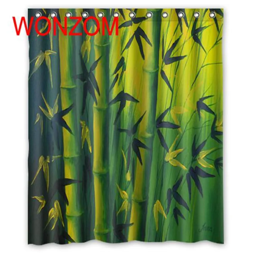 

WONZOM Bamboo Kiwi Fruit Leaves Shower Curtains with 12 Hooks For Bathroom Decor Modern 3D Polyester Bath Waterproof Curtain