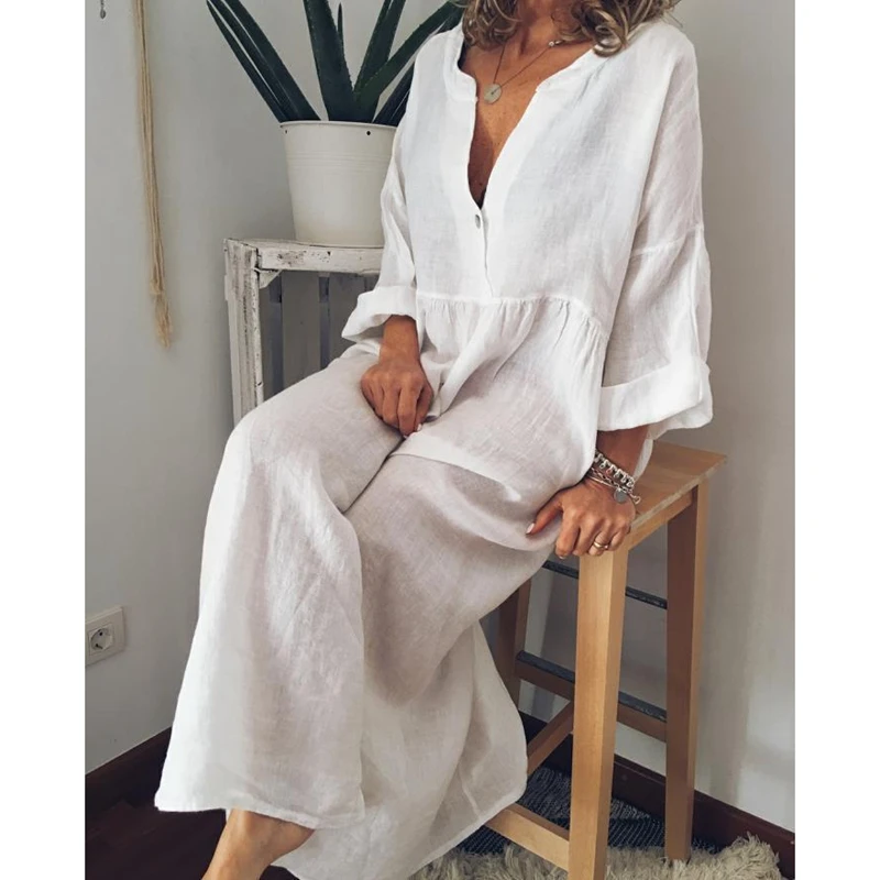

Litthing 2019 Cotton Solid Women Dress Casual V Neck Mujer Dresses Long Sleeve Sundress Maxi Beach Dress Plus Size Sexy Vestidos