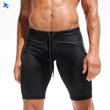 Брендовые новые дышащие спортивные шорты для спортзала, фитнеса, пляжа, одежда для плавания, мужские шорты для плавания, низкая посадка, прозрачные сетчатые Длинные плавки для плавания
