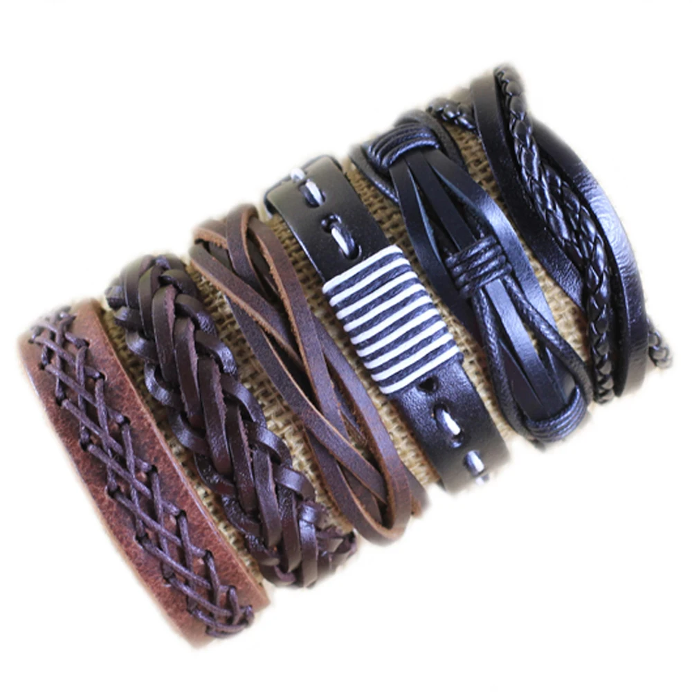 

6Pcs Fashion Multiple Charm Bracelets Set For Men Woman Wristbands Hand-woven Leather Bracelet Bangles Party Jewelry -H101