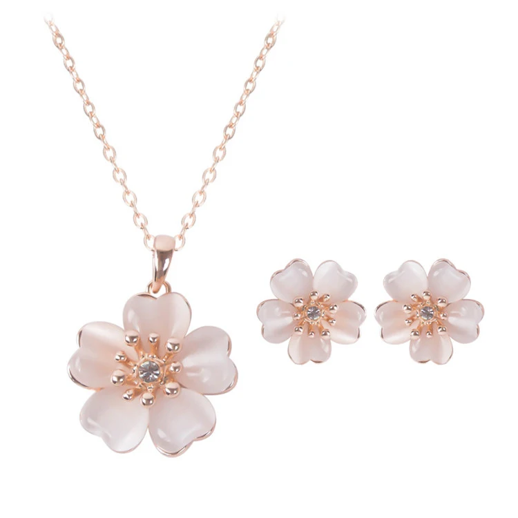 

2015 New Opal Crystal Pretty Flower Pendant Necklace Earrings Trendy Bridal Jewelry Sets Gold Color Jewelry Sets For Women