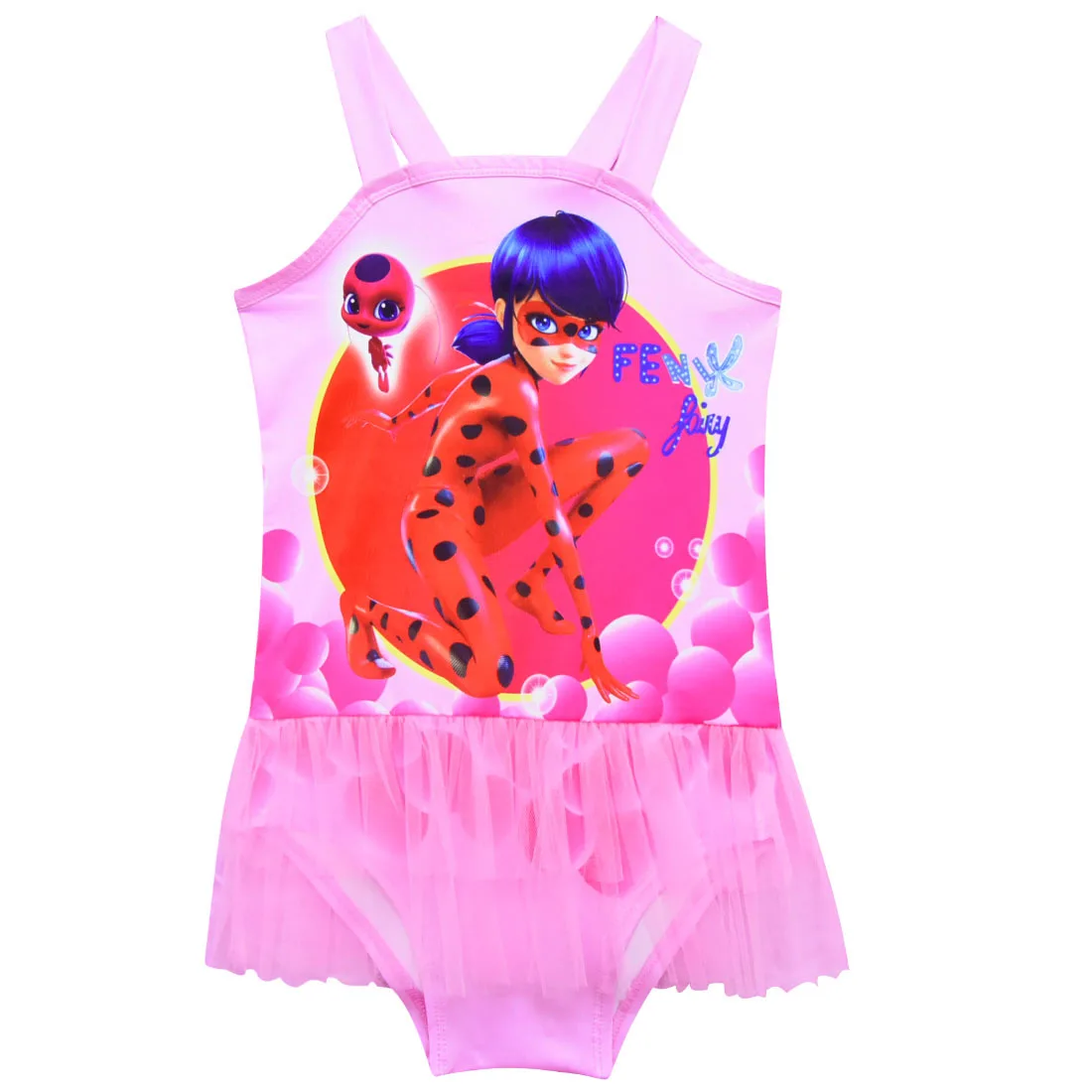 

2019 New girls sling swimsuit ladybug girl children's one-piece swimwear sleeveless mesh girls dress Chinese style layered dress