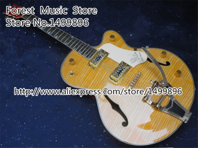 Best price at $375 Cheap Top Selling Classic G6120 Yellow Falcon Electric Guitar Hollow Flame Body China Guitar In Stock