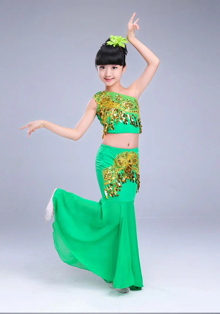 Children Indian Traditional Dress Sequins Belly Dance Costume For Girls Peacock Kids Dai Fish Tail Leotard Girl Dancewear