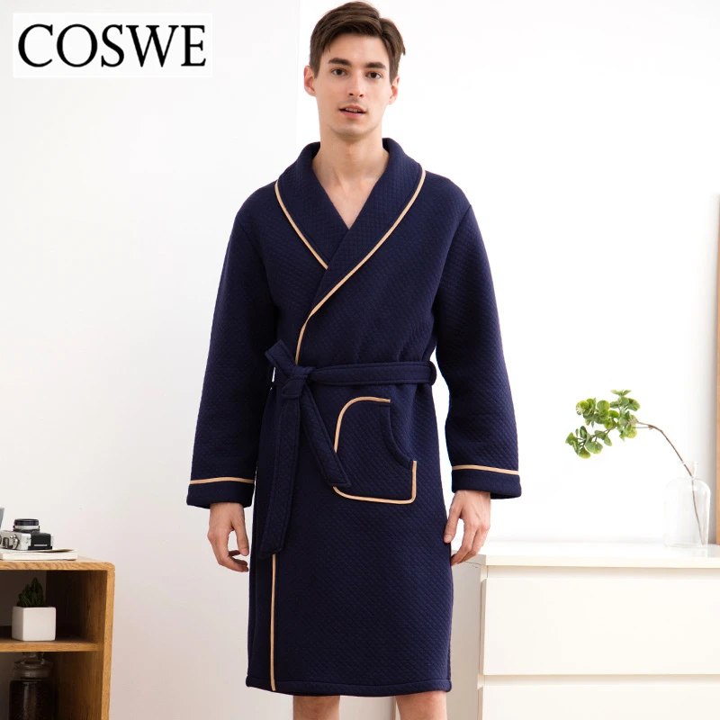 COSWE New 100 Cotton Winter Robes For Men Bathrobes Long Mens Bathrobe