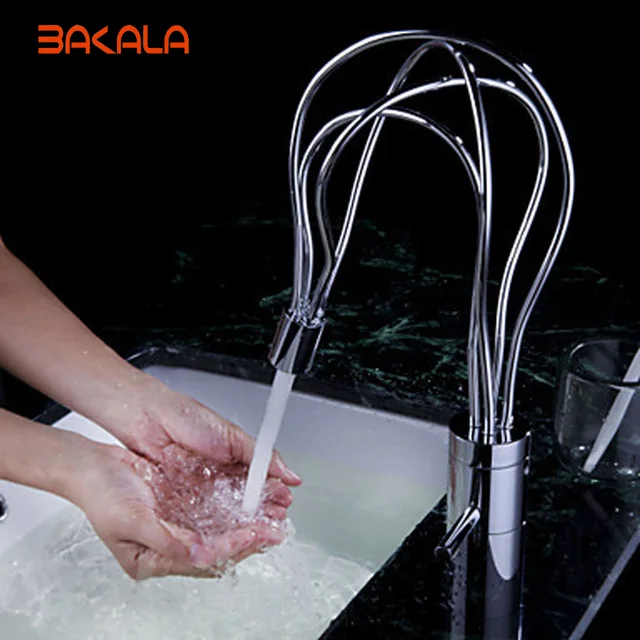 Best Offers BAKALA Copper tube rotary kitchen faucet basin hot and cold basin art nest Contemporary Chrome Brass Centerset faucet WT-8835