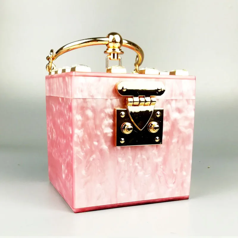 

Euchan Square Acrylic Clutch Evening Bags Metal Wristlets Mini Party Bag Ladies Handbags Trunk Shape Diamond Bag Box Women Purse