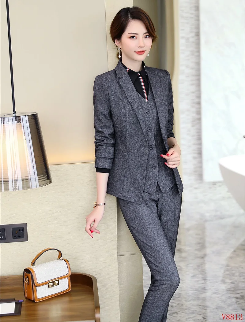 Gilet Costumes Blazers Ensembles 2019 Gris Dames Veste Pantalon Nouveau Formelle Élégante De 3 Femmes Et D'affaires Blazer Pièce 6CXYqT
