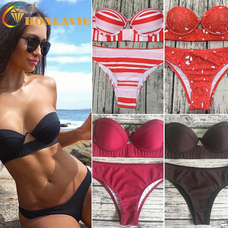 

2019 Women's Swimming Suit Solid Two-piece Swimsuit Low Waist Bikini Set Push Up Bathing Suit Female Summer Beach Wear Biquini