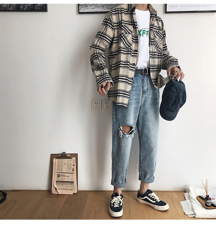 2019 летние Для мужчин Мешковатые Homme классические мужские джинсовые брюки модная тенденция досуг отверстия Мужской голубой цвет