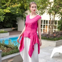 VOA Лето шелк жаккард розовый красный сексуальный v-образный вырез молния сзади Нерегулярные футболка плюс размер Мода Тонкий рыбий хвост Женские топы BZX00101