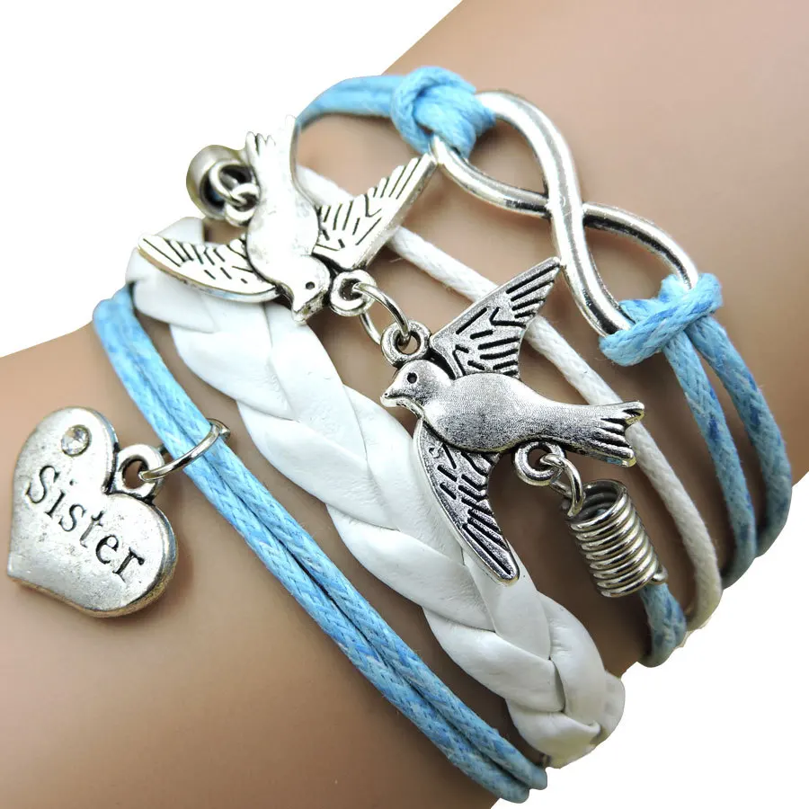 Infinity Sister Heart Peace Birds Multilayer Leather Bracelets & Bangles for women with girls wholesale bracelet B3001