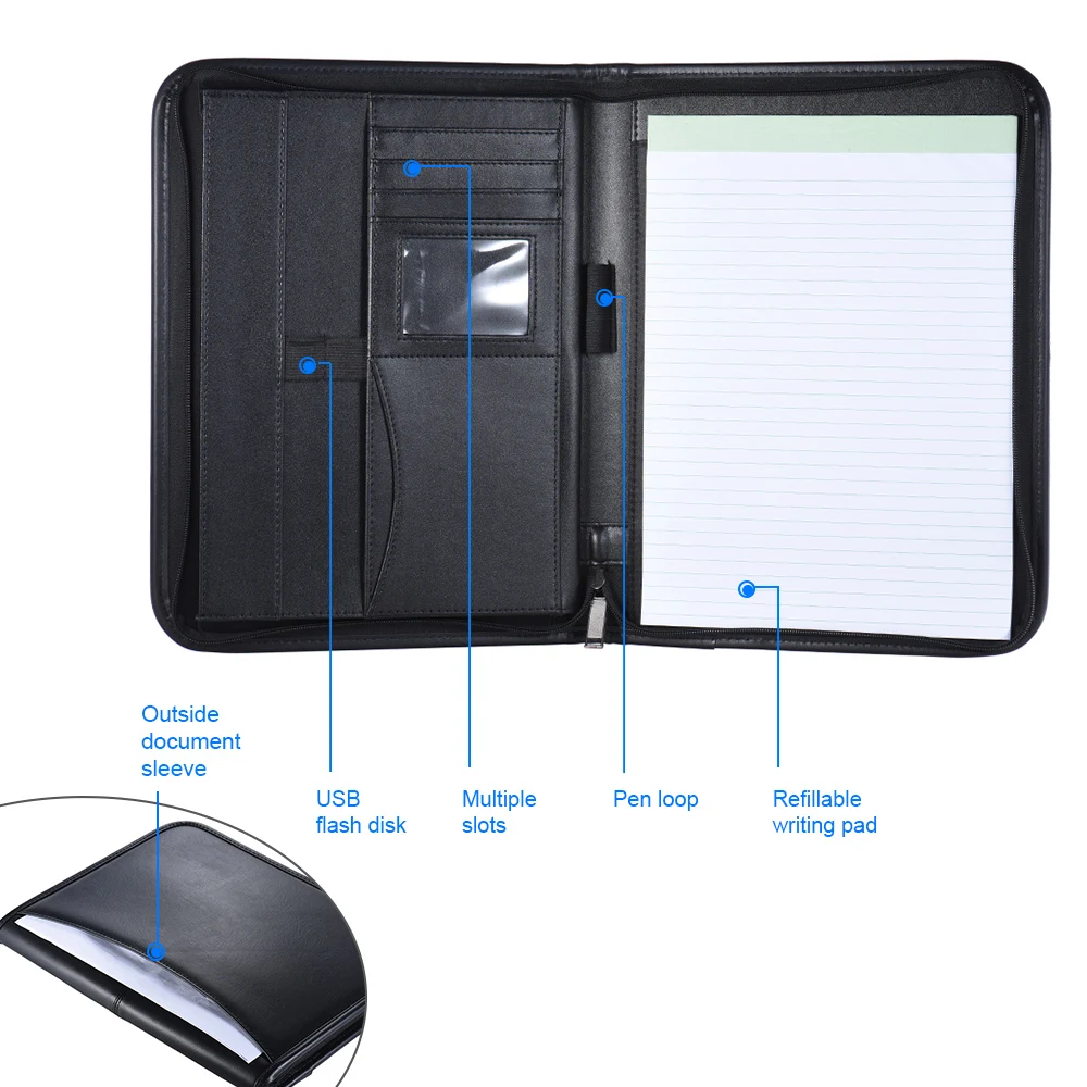 Многофункциональный Профессиональный Бизнес портфель Padfolio папка для документов чехол A4 из искусственной кожи на молнии с застежкой держатель для карт