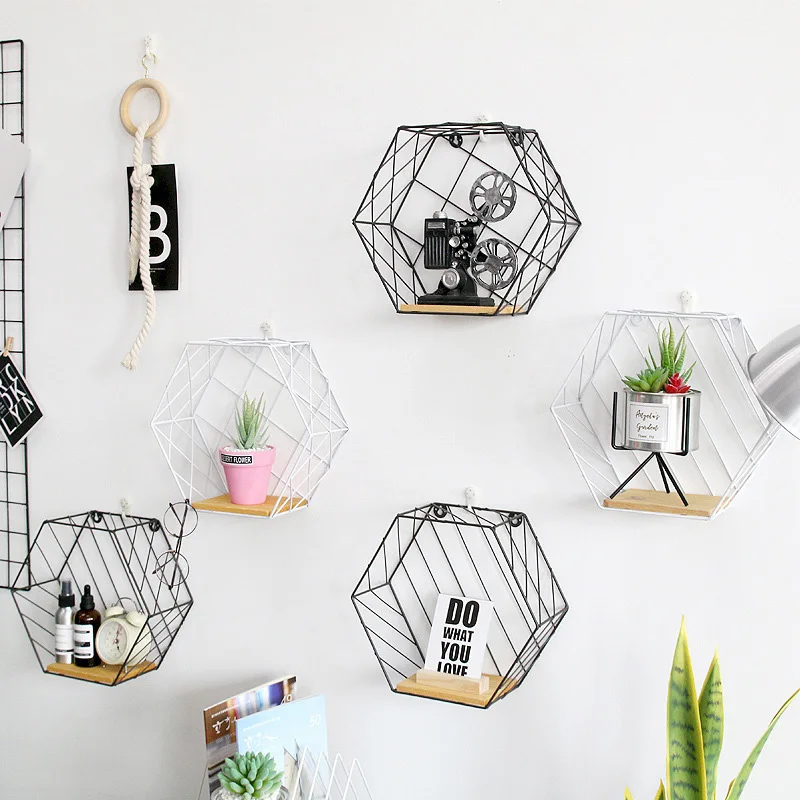 

Nordic Polygon Wall Mounted Storage Box Iron Hexagon Hollow Plant Shelf Modern Home Decor Living Room Wall Hanging Ornament