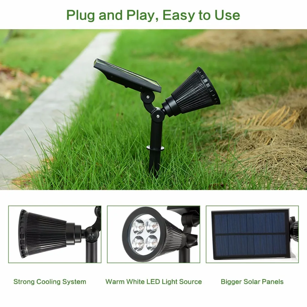 

1/2pcs Outdoor Solar Lights 2-in-1 Waterproof 4 LEDs Landscape Lighting Spotlight Wall Light for Yard Garden Pool --M25