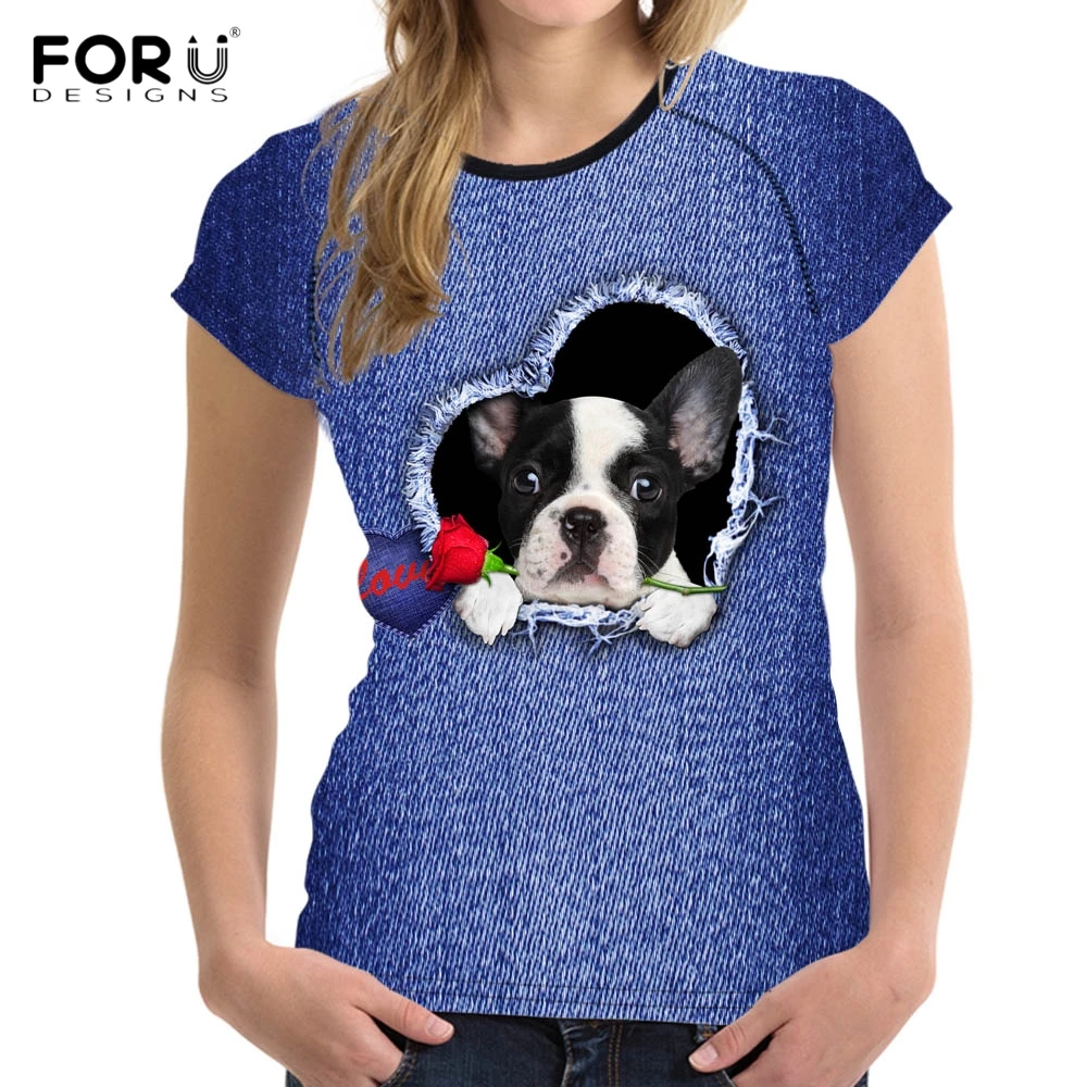 FORUDESIGNS Funny 3D Fake Denim Heart Boston Terrier Print