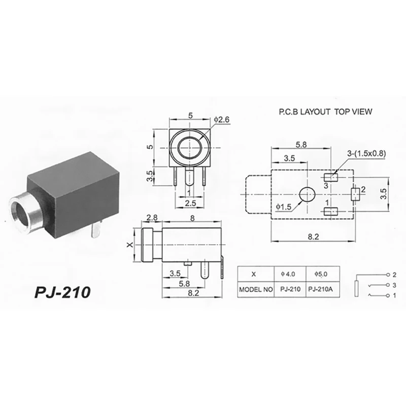 100pcs Jack 2 5mm Audio Connector Plug Strongbox Charging Connector PJ 210 Headphone Jack Switch Three Feet Pins