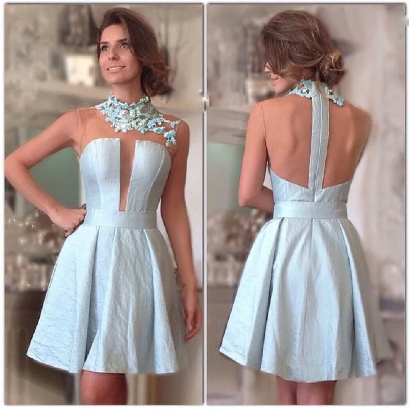fashion simple short cocktail dresses 2016 backless appliques lace high