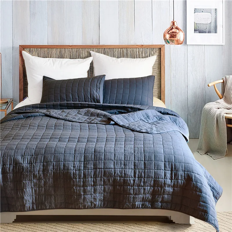 Quilted Bedspread Simple Deep Blue Color Washable ...