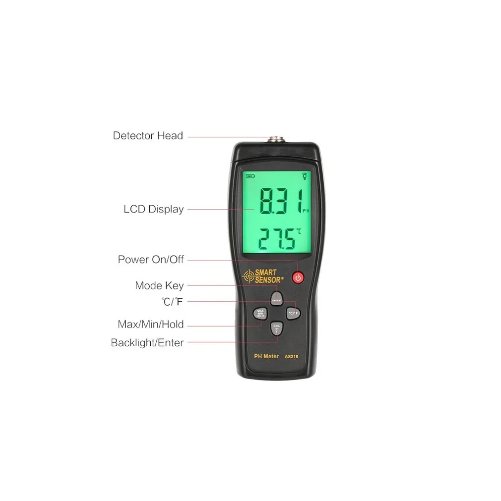 Smart Sensor AS218 Digital PH Meter Range 0.00~14.00pH Soil PH Tester Water PH Acidity Meter LCD Display Liquid PH Meter