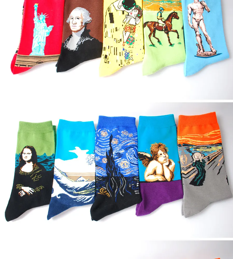 Мужские хлопковые ретро классические всемирно известные носки с масляными рисунками Мона Лиза звездное небо топ модные художественные носки Us9-13(5 пар/лот