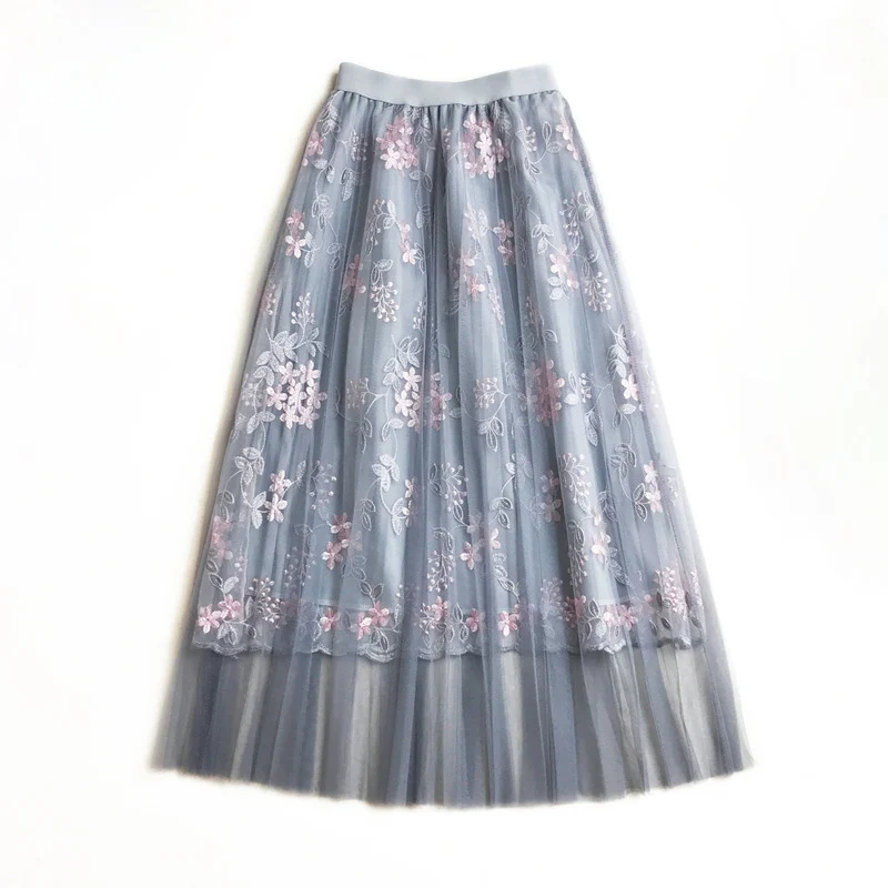 

Fashion Summer Autumn Tulle Skints Woman High Waist Mesh Plated Skirt Female Saias Faldas Korean Floral Embroidery Maxi Skirt