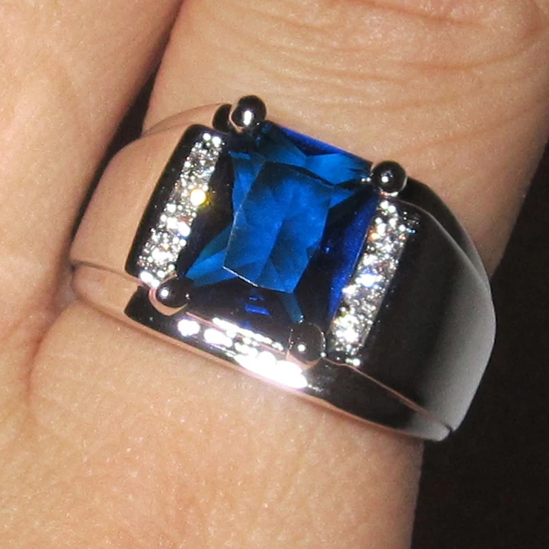 MMDGEM Mens Womens 925 Silver Oblong Birthstones Blue Stone Zirconia