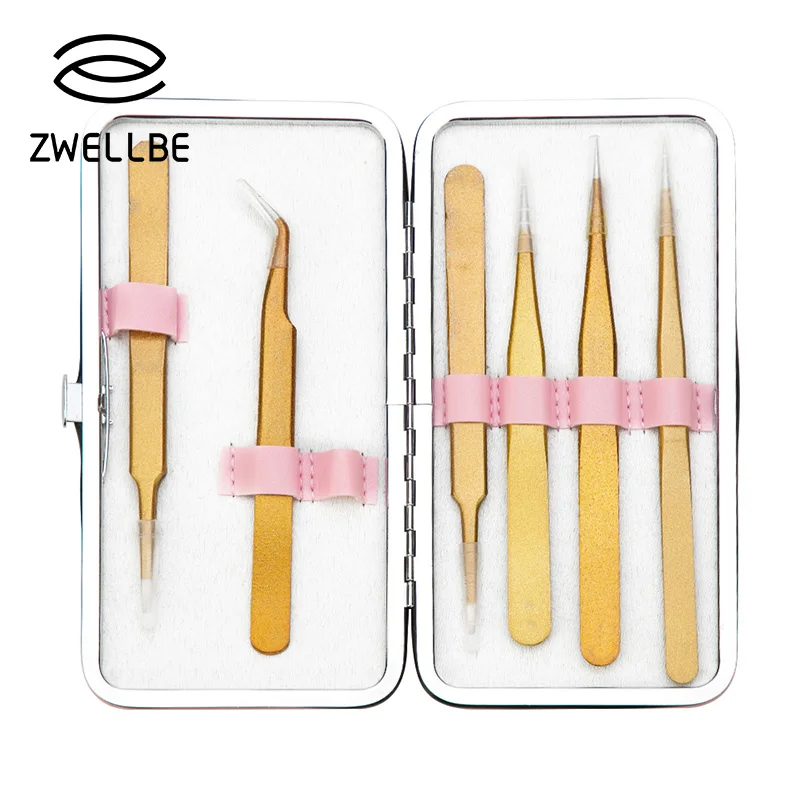 

zwellbe Eyelash Extension Tweezers Storage Container Set Makeup Tools Box 1 Case Organizer Bag & 6 Pcs Tweezers Kit