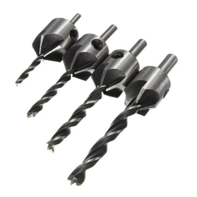 4pcs HSS 5 Flute Countersink Drill Bit Set Carpentry Reamer Woodworking Chamfer For Wood Milling Tool 3-6mm