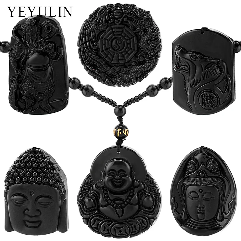 Чудесный резной кулон с изображением Будды и Гуаньинь Maitreya Lion Black Obsidian Lucky blession ожерелье ювелирные изделия для женщин и мужчин