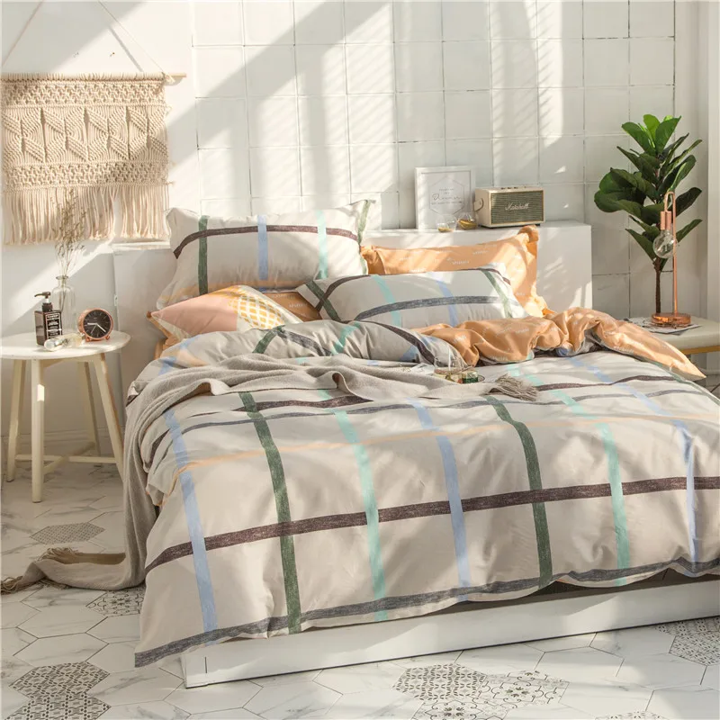 

New Home Textile gray yellow Stripes Lattice modern Style 100% Cotton 4pcs Bedding Set Duvet Cover Bed Sheet Pillowcase Bedlinen