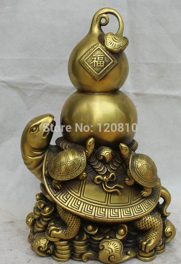 

15" Chinese Copper Wealth Fu Feng Shui Folk Calabash Cucurbit Tortoise Statue