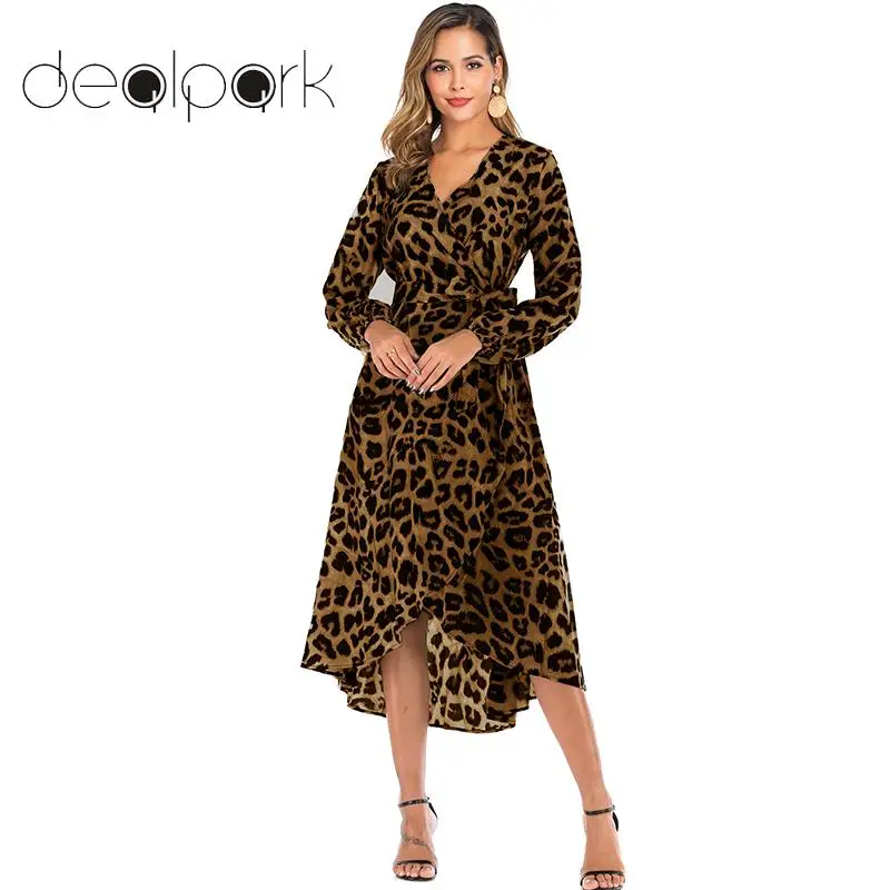 

Long Sleeve Dress Women Leopard Print Long Dress Long Sleeves V Neck Wraparound Open Front Waist Strap Casual Dress Robe Outwear