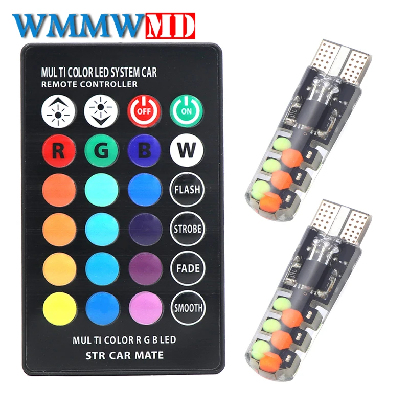 

1Set 12V LED T10 W5W Silica gel SMD 2W Auto Car RGB LED Interior Dome Wedge Reading Light Strobe Lamp Bulb With Remote Control