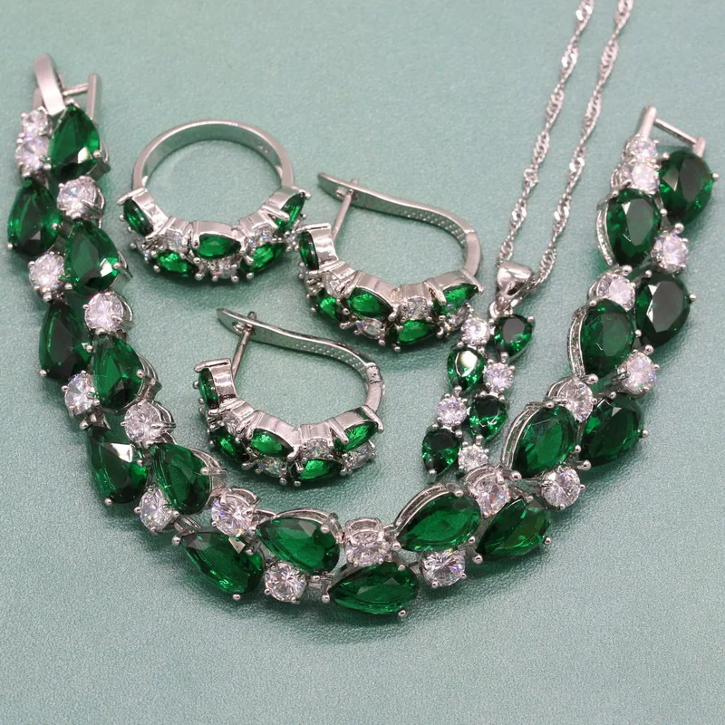 Classic Water Drop Green Zircon 925 Silver Jewelry Sets for Women Necklace Pendant Rings Clip Earrings Bracelet Free Box | Украшения и