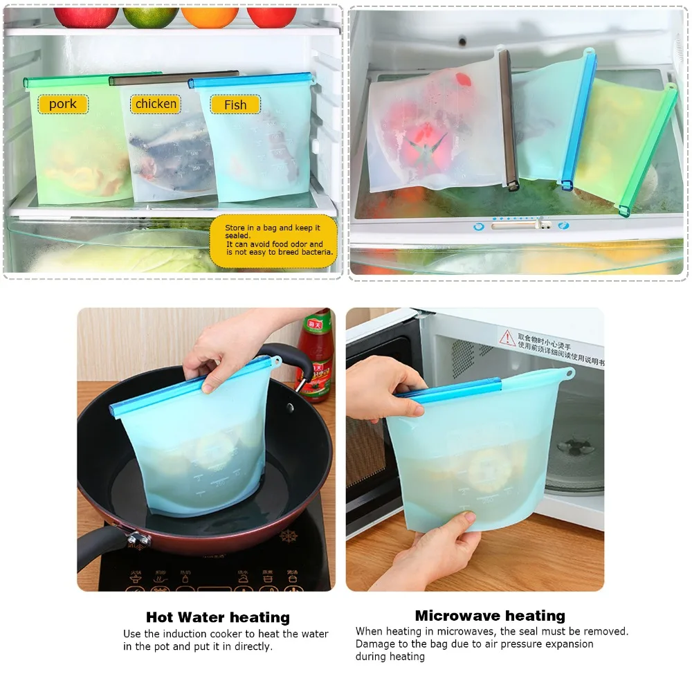 

5pcs Reusable Silicone Vacuum Seal Food Fresh Bag Fruit Meat Milk Storage Containers Refrigerator Bag Ziplock Kitchen Organizer