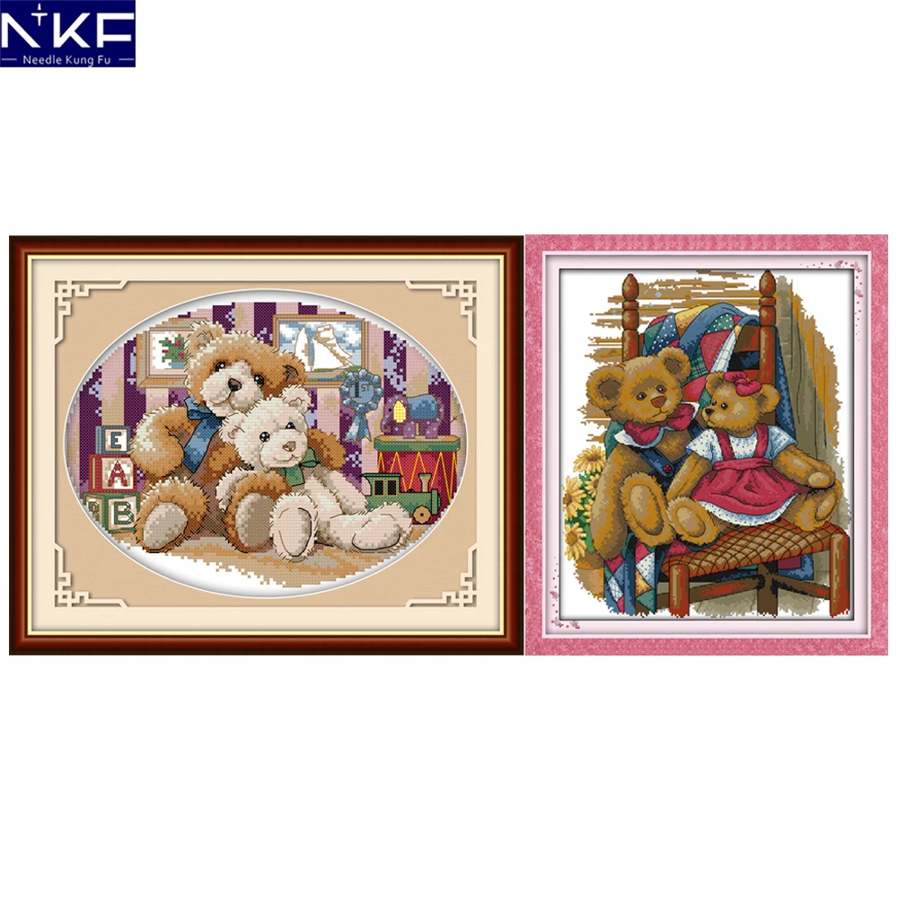 

NKF Two Teddy Bears Counted Cross Stitch Embroidery Sets 11CT 14CT DIY Kit Needlework Cartoon Cross Stitch Pattern for Kids