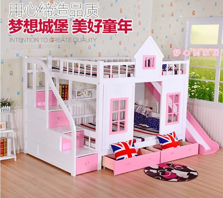 Children Bunk Bed Wooden 2 Floor Ladder Ark With Slide Bed Pink