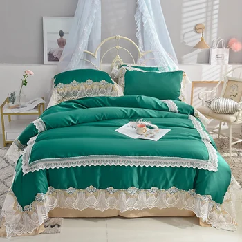 

Luxury Green Pink White Blue Purple Washed Silk Cotton Princess Wedding Bedding Set Lace Duvet Cover Bed sheet/Linen Pillowcases