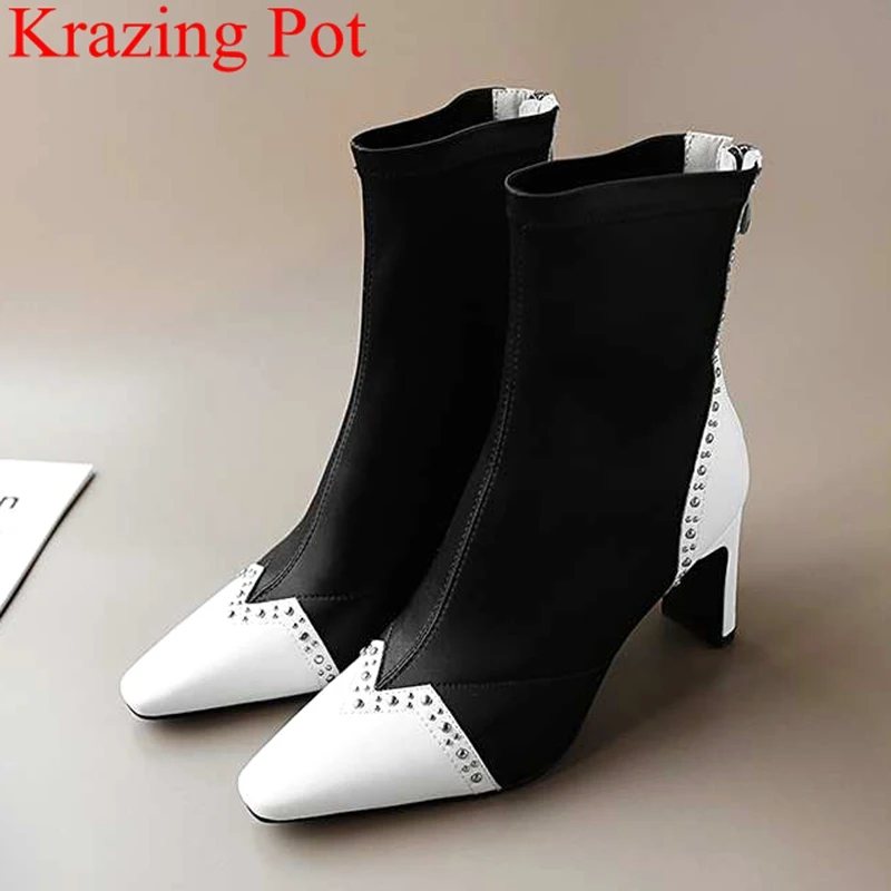 

2018 superstar pointed toe rivet zipper mid-calf boots mixed colors sweet elegant fashion boots brand high heels Autumn shoe L01