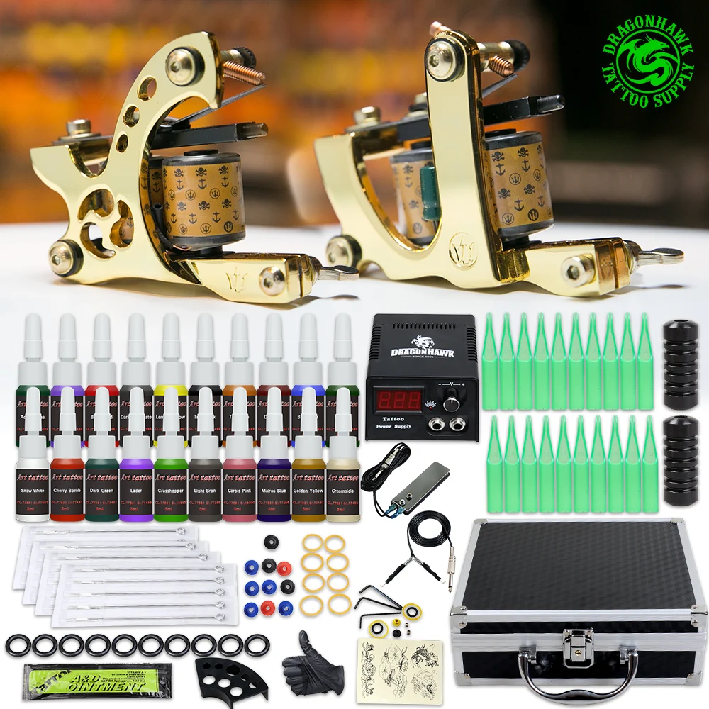 

Complete Beginner Top Tattoo Kit Machine Gun 20 Color Ink Power Supply Needle Grip Tip Set Box