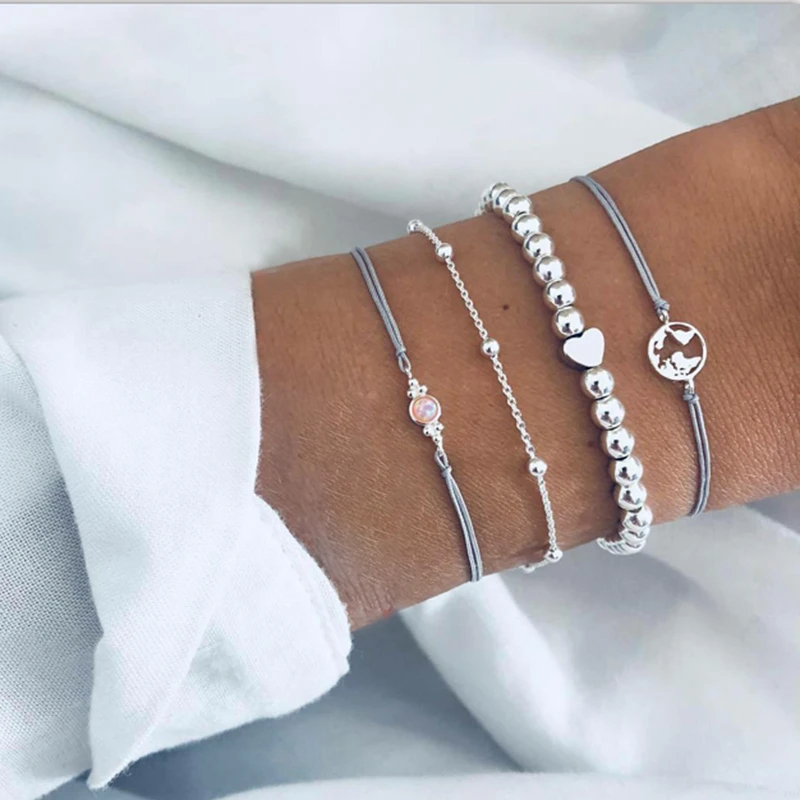 

Jewdy 4 Pcs/ Set Crystal Rope Chain Sliver Bracelets Small Hollow Earth Round Beads Bracelet Set Fashion Women Jewelry