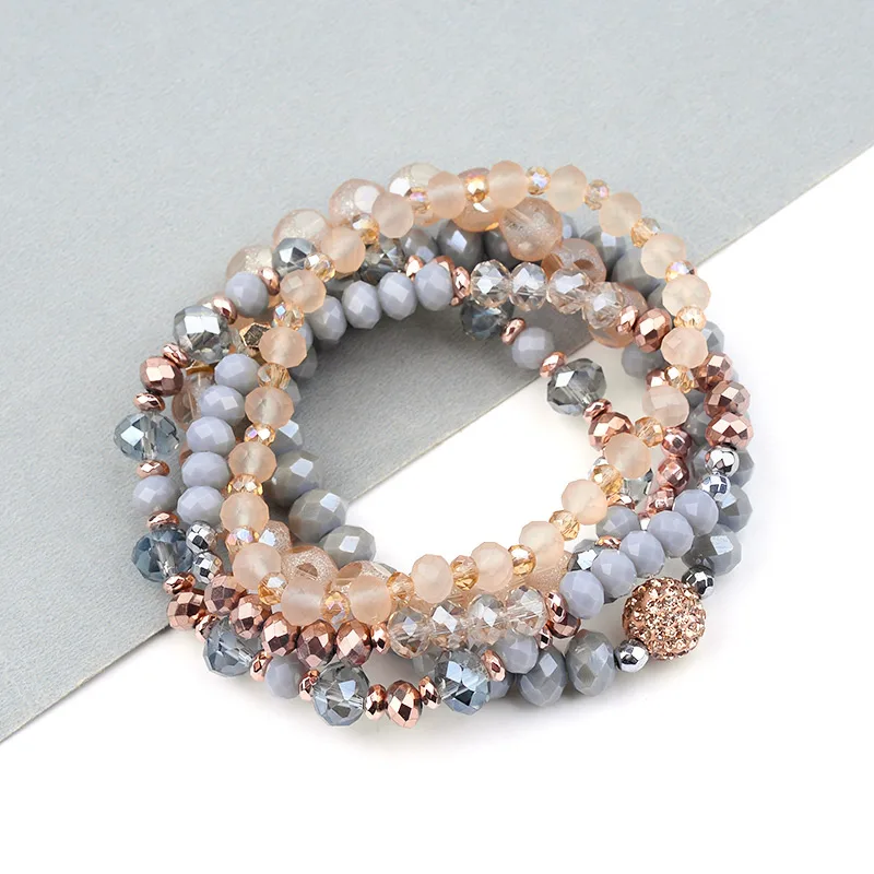 BOJIU 5 Pcs/Set Trendy Faceted Crystal Bracelets For Women Gold Rose Gold Gray Bead Multilayer Bracelets Femme Jewelry BCSET235