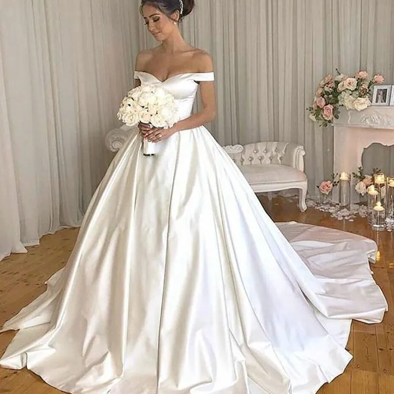 

SHJ326 Simple Wedding Dress 2019 Off The Shoulder A-Line Bride Dress Wedding Gowns Buttons Back Vestido De Noiva
