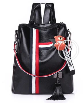 Ретро Модный женский рюкзак на молнии кожаная школьная сумка высокого качества женская сумка через плечо для молодежных сумок кожаные сумки с кисточками - Цвет: Черный