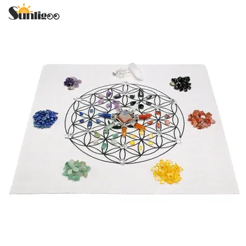 

Sunligoo OM Grids Altar Cloth&7 Chakra Gemstone Beads Assorted Chip Stone Clear Quart Chakra Crystal Healing Grids Energy Stone