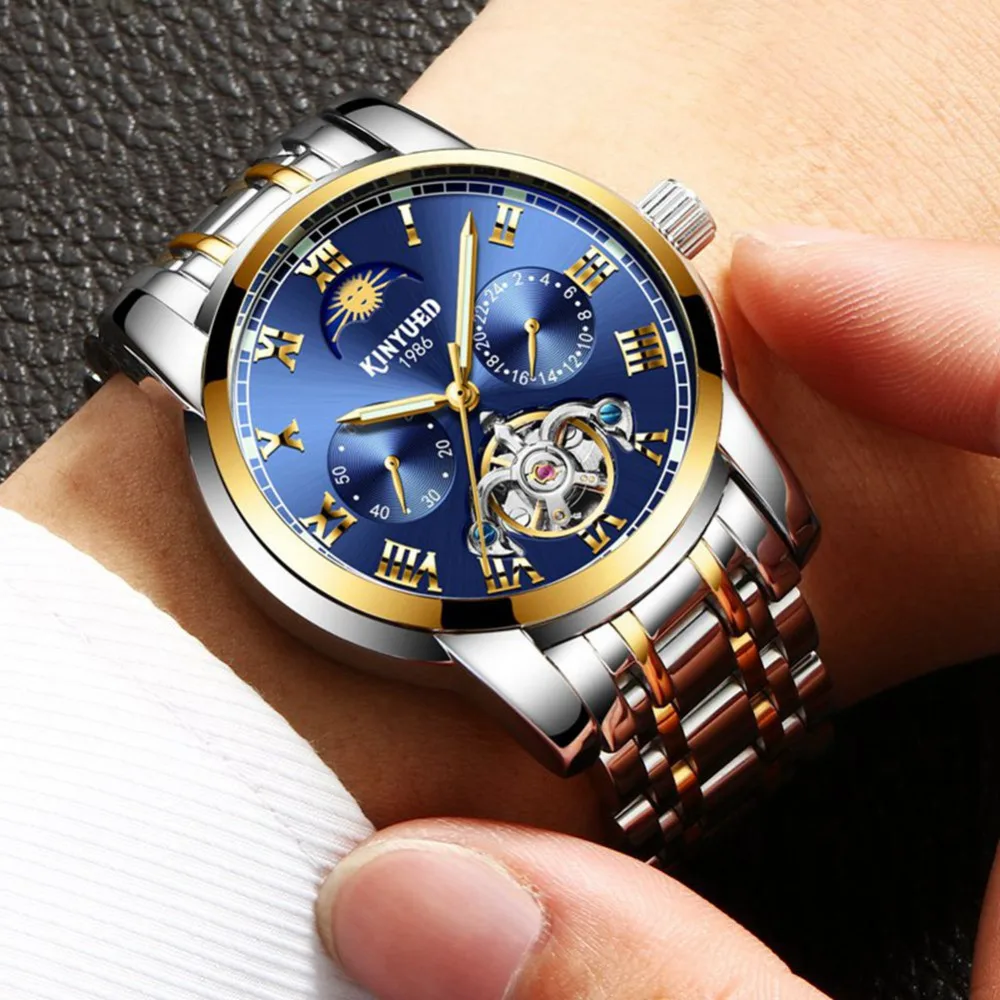 

KINYUED Mens Moon phases Automatic Mechanical Watches Men Top Brand Luxury Dive 30M Business steel watch Man Luminous Clock #3