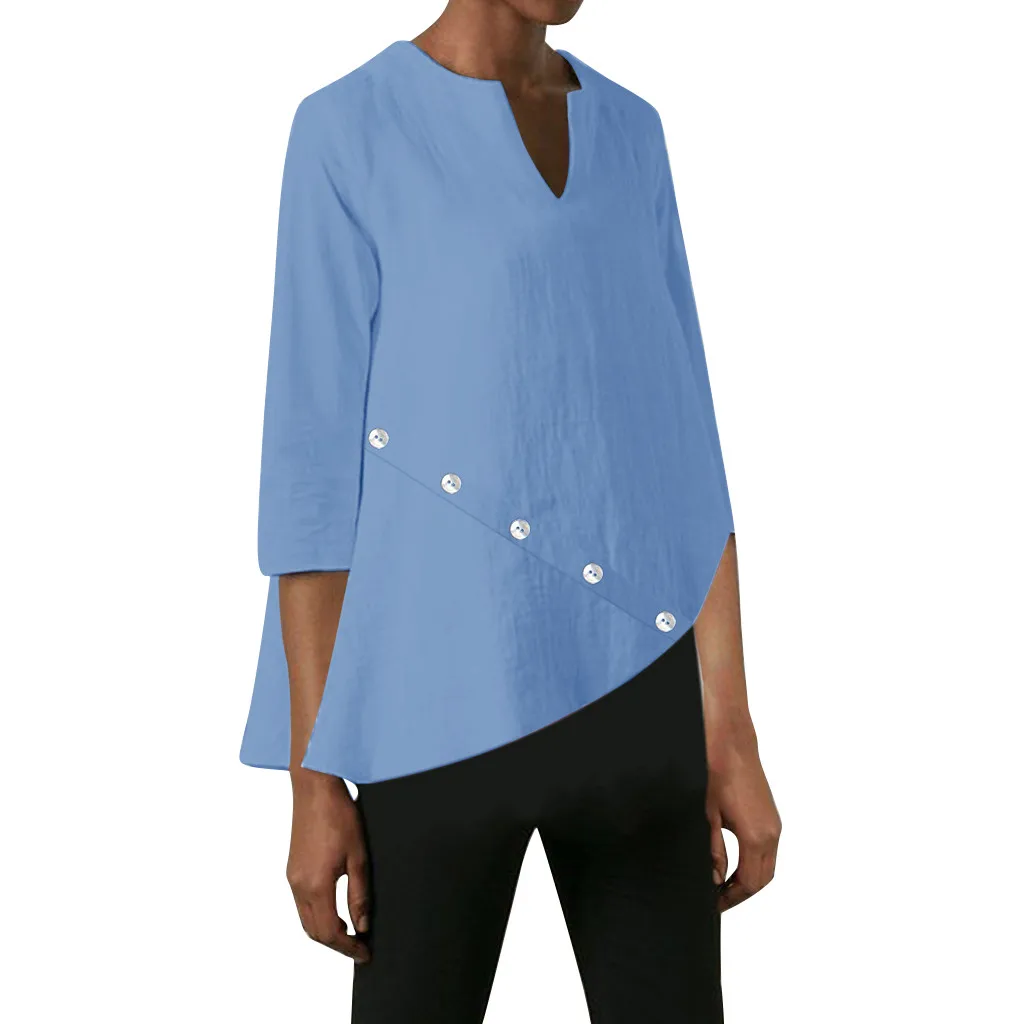 

Women Shirts Plus Size Women V-neck Pure Color Middle Sleeve Button T Shirt Women Tops s tops mujer verano