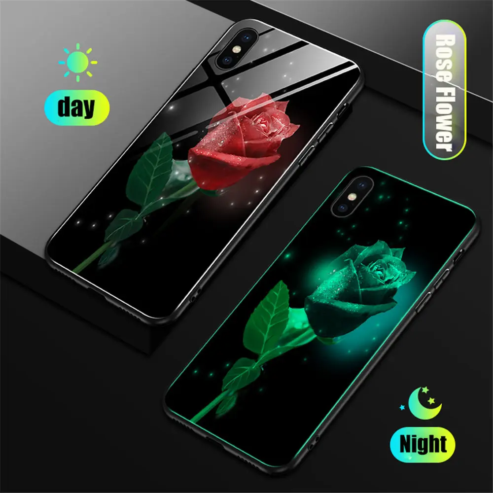 Светящийся чехол из закаленного стекла для iPhone X XS MAX XR силиконовый чехол для телефона для iPhone 7 8 Plus чехол s для iPhone 6 S 6 S Чехол - Цвет: D-Rose Flower